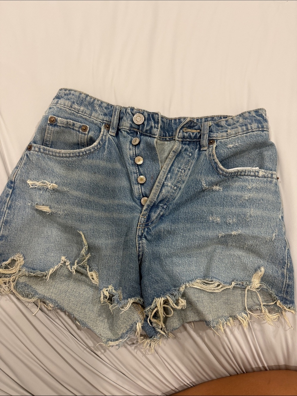Zara Light Blue Distressed Button-Fly Denim Shorts